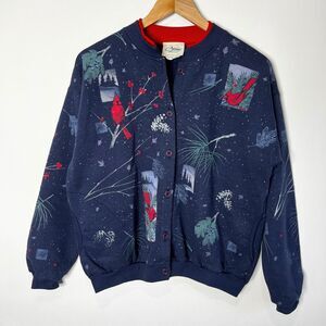 Vintage Artisans Christmas Sweatshirt Button Up Cardinal Winter Women's Medium